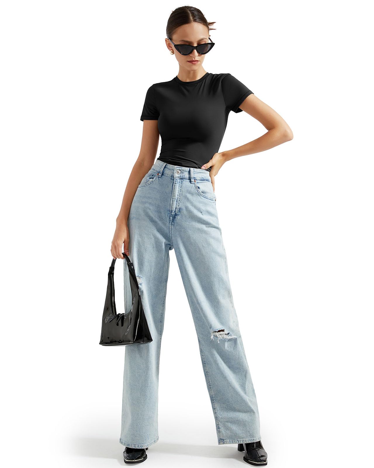 SUUKSESS Women Double Lined Fitted Basic Tee Crew Neck Short Sleeve Y2K Crop Top