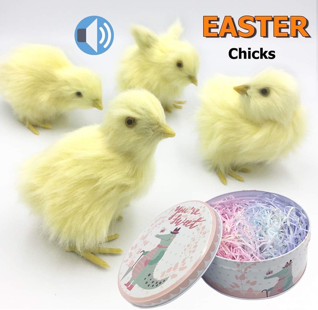 Easter Decorations for Home, 4 Pack Easter Chicks for Easter Basket with Grass, Spring Easter Baby chick for Photography, Baby Shower Kids Newborn Easter Prop,Realistic Chicken with Chrip Iron Storage
