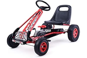 Costzon Go Kart for Kids, 4 Wheel Off-Road Pedal Go Cart w/Adjustable Seat, Steering Wheel, 2 Safety Brakes, EVA Rubber Tires, Ride-On Toys for Boys & Girls, Outdoor Racer Ride On Pedal Car (Red)