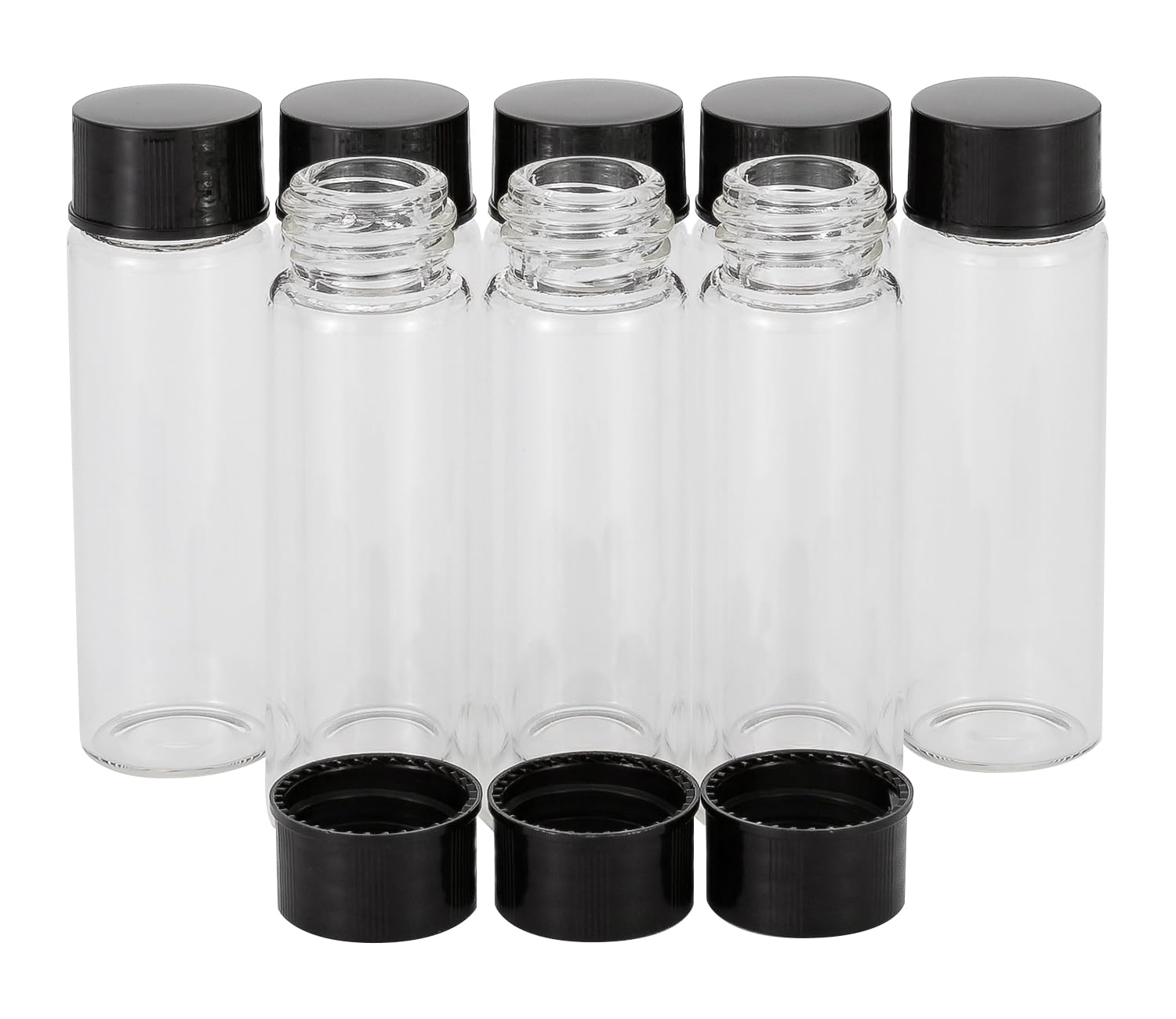 Unxuey 8pack 15ml (1/2 Oz) Clear Glass Vials Sample Glass Bottles with Plastic Screw Black Cap Transparent Lab Vials Lab Cosmetic Container