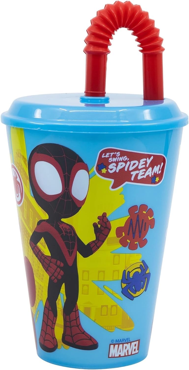 Golddunes Kids Character Sports Tumbler 430ML Drinking Re-usable Plastic Cup with Re-Usable Straw (Spidey)