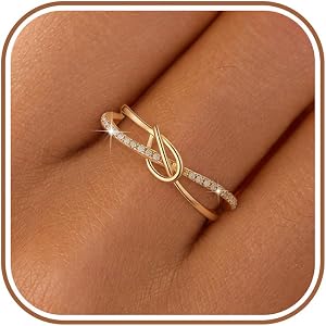 LOVECOM 925 Sterling Silver Love Knot Rings for Women Sister | Dainty 14k Gold Plated Cubic Zirconia Infinity Promise Ring Fr