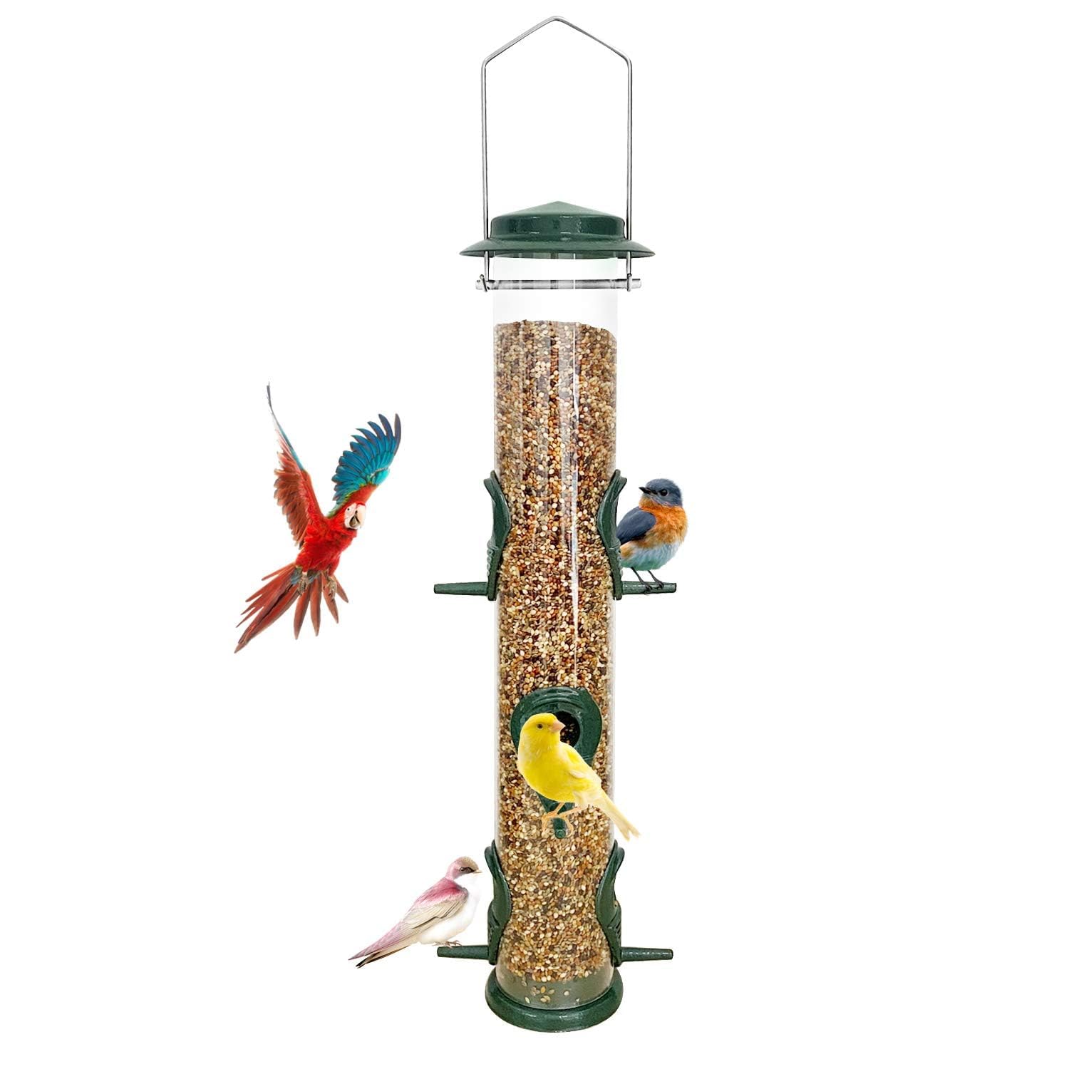 MIXXIDEA Metal Tube Bird Feeders for Outdoors Hanging Bird Feeders for Outside Wild Birds Feeder 6 Ports Hanging Bird Feeder Attract Birds in Your Lawn, Garden, Balcony (Green)