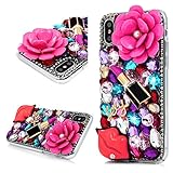 iPhone X Bling Glitter Case, Awsaccy(TM) Unique 3D Handmade Bling Crystal Sparkly Diamond Rhinestone Pink Pearl Floral Lipstick Fashion Design Shiny Case for iPhone X Girls Women