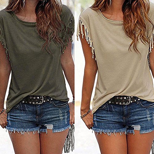 Clearance!!! Women Sexy Tassel Short Sleeve Top Summer Loose Blouse Shirt (L2, Army Green)