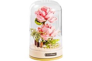 MEIEST Building Blocks Flowers Bouquet Set with Music Box and Dust-Proof Dome,Simulation Artificial Particle Flower Collection Construction Building Bricks Toy,Home Decor,6+(Pink Rose)