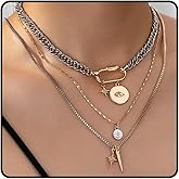 LANWLOSI 3 Pcs Layered Mixed Metal Necklaces for Women Trendy Gold Silver Stacked Necklaces Chunky Two Tone Paperclip Chain Evil Eye Pendant Neck-lace Statement Jewelry Gifts for Her