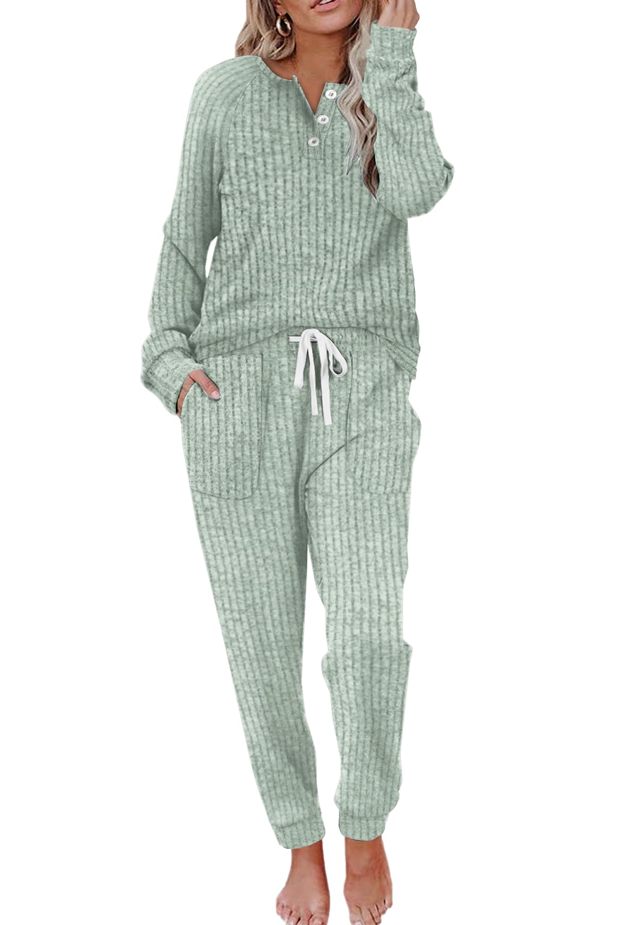 WIHOLL Womens Pajama Sets 2 Piece Outfits Lounge Fall Outfit Fashion Tracksuits Sage Green L