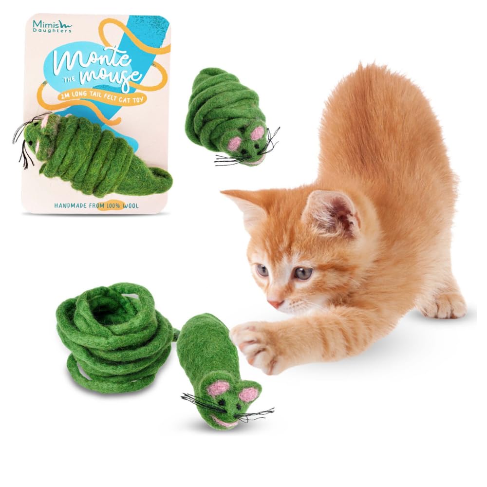 Mimis Daughters Felt Wool Natural Cat Kitten Chew Mouse Scratch Chase Play Toy - Interactive Exercise 2M Long Tail - For Indoor Cats - Unique Handmade Felt Cat Toy