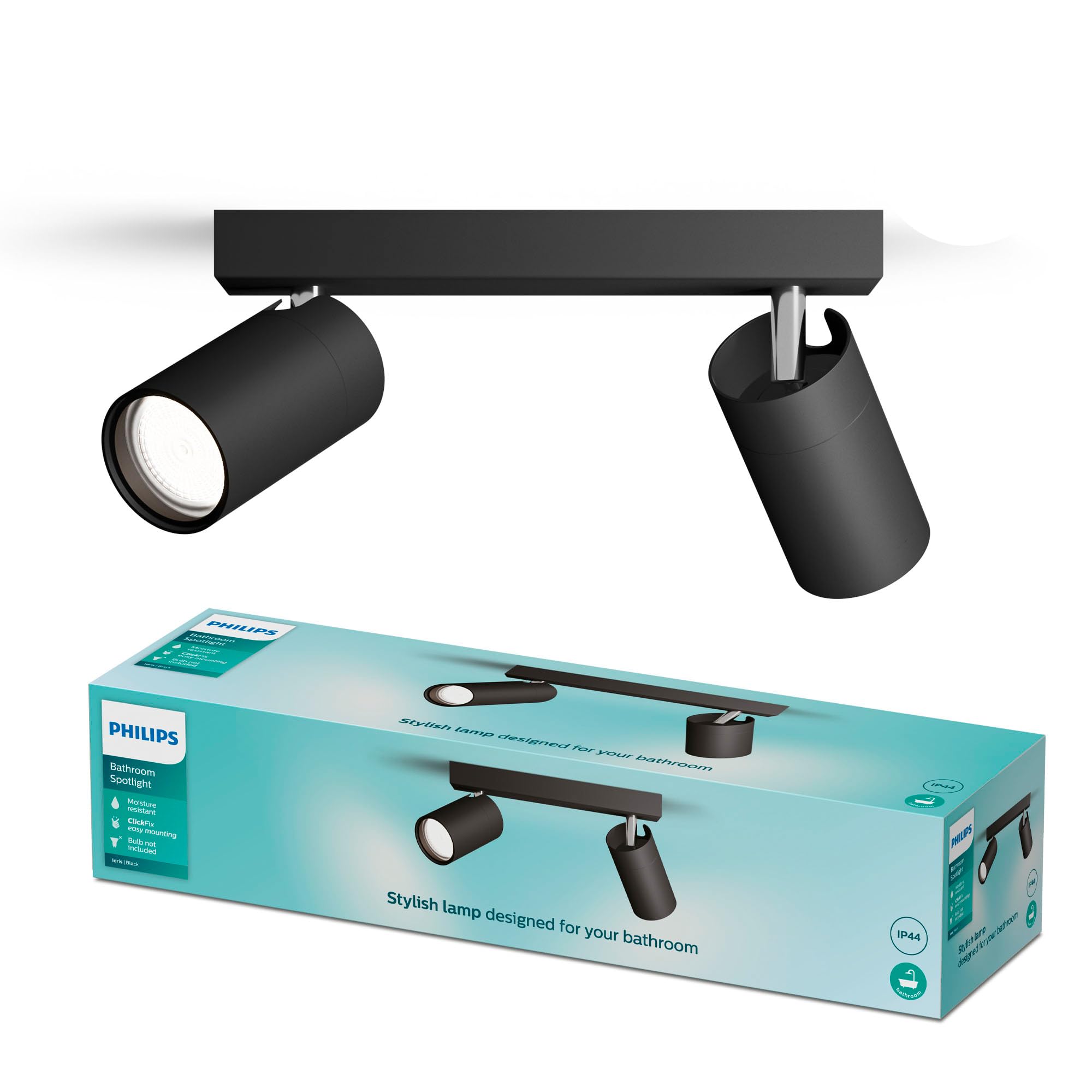 PHILIPS Idris 2-Head spot, GU10 lamp not Included, Black, IP44, Water-Resistant