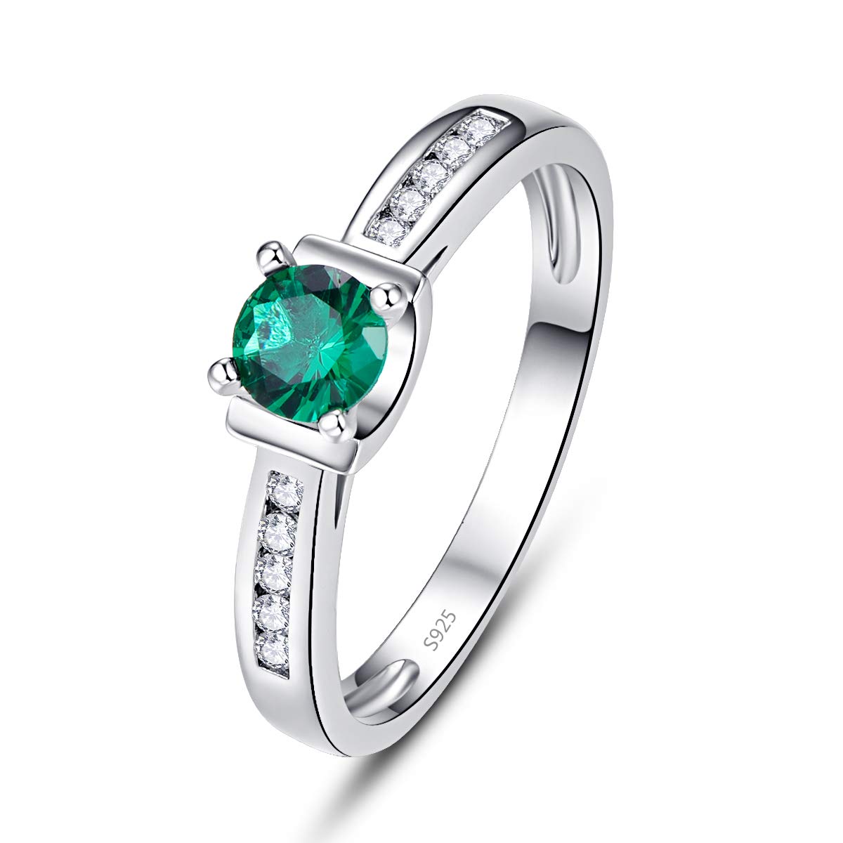 Empsoul Women 925 Sterling Silver Eternity Simple Round Cut Filled Emerald Quartz High Polish Gemstone Propose for Love Romantic Wedding Ring Size 8