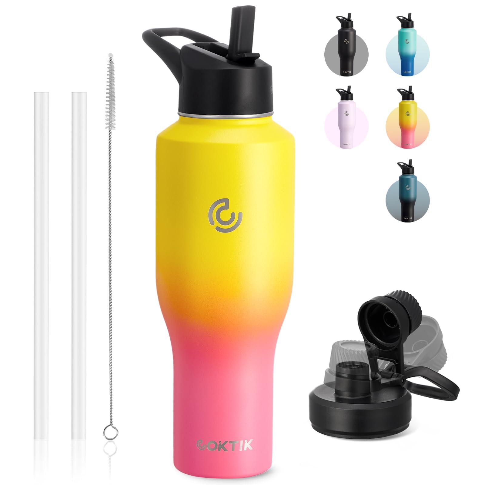 Photo 1 of COKTIK Water Bottle Insulated, 40 oz Water Bottles Straw Lid, Spout Lid, Cold for 36 Hrs, Hot for 18 Hrs, Cup Holder Friendly Leakproof (Yelow&Pink)