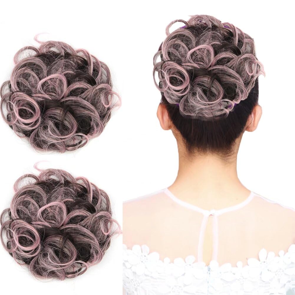 iLUU 2pcs Chignon Messy Curly Hair Bun Extension Synthetic Updo Hair Extension Wavy Ponytail Extension Fashion Flower Hair Piece Pony Tail Hair Bun (Dark Brown and Light Pink)