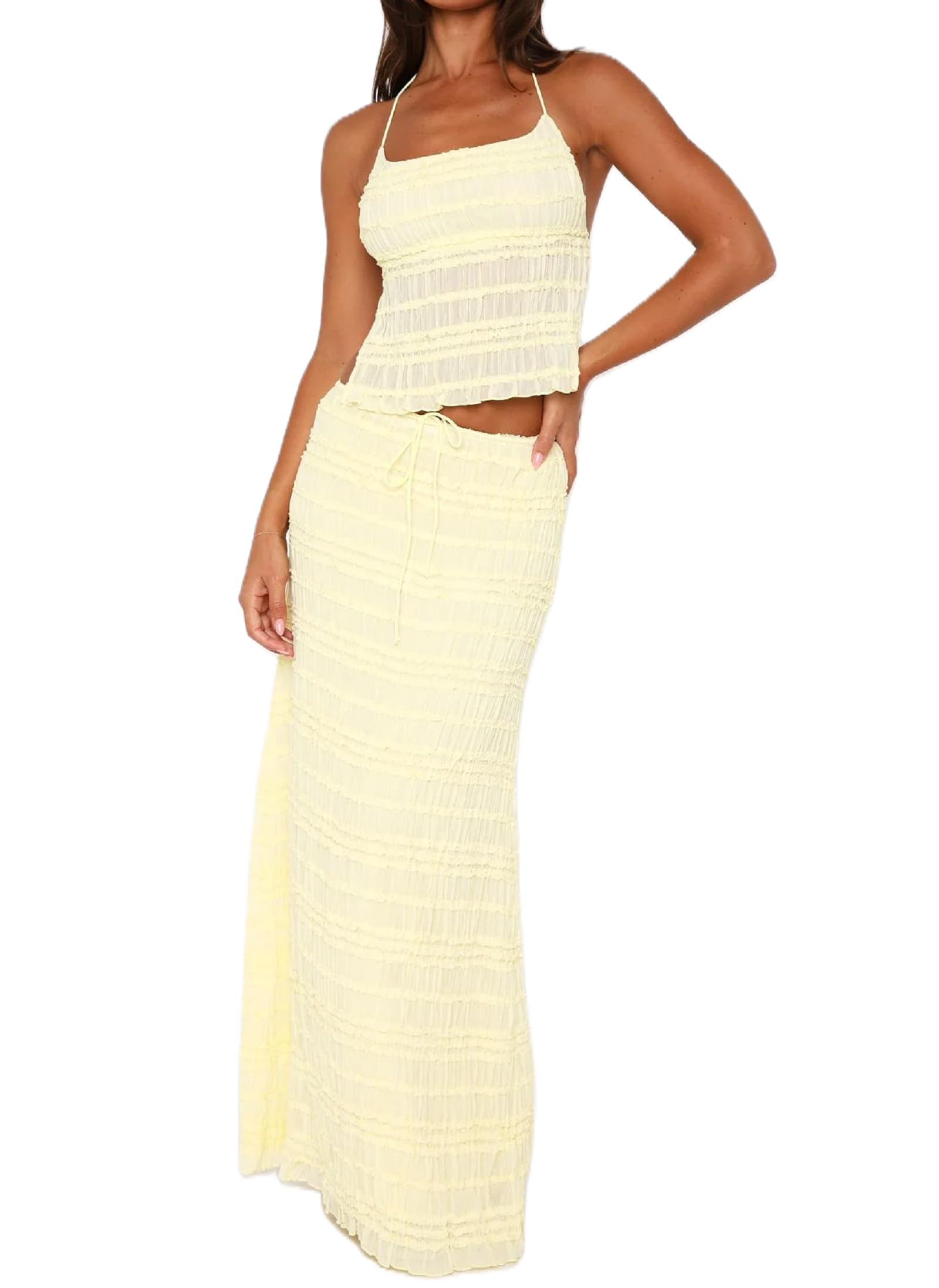 Photo 1 of (see notes) ROAONOCOMO Women Y2K Ruffle 2 Piece Skirt Set Spaghetti Strap Ruched Cami Top Tiered Flowy Long Skirt Boho Beach Outfits