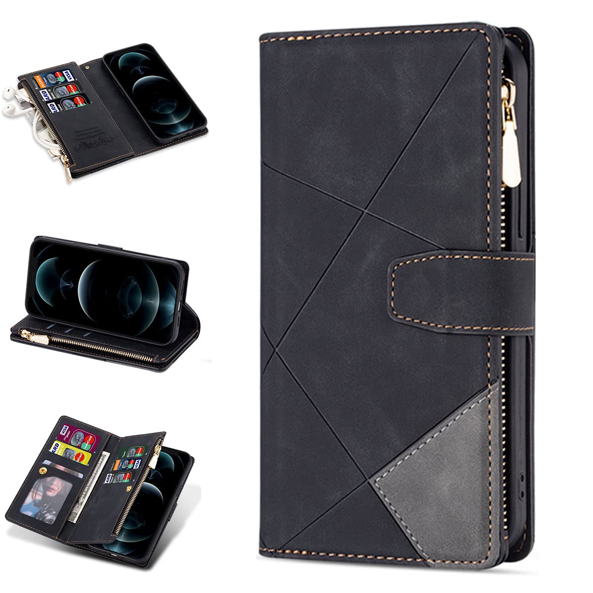 ZCDAYE Wallet Case for iPhone 11 Case with 9 Card Slots Zipper Pocket Handbag Wristlet Folio Flip Cover for iPhone 11-Black