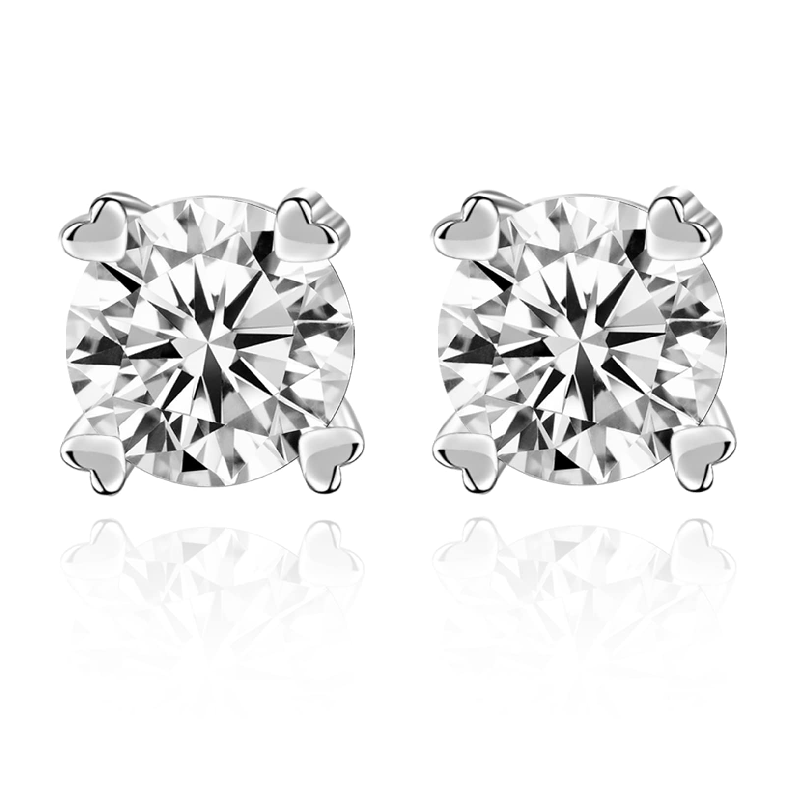 Silver Created Solitaire Diamond Stud Earrings for Women, Heart Shape 4 Prong Heart CZ Earrings for Jewelry Collection