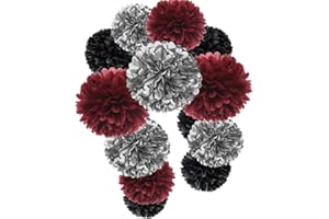 MOWO Burgundy Silver Black Tissue Paper Pom Poms Flower for Birthday Wedding Graduation Retirement Party Decoration, 12pc