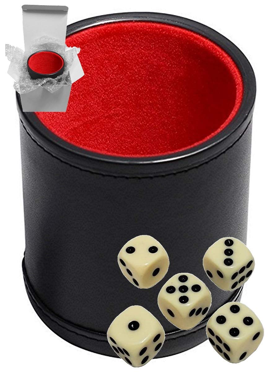 Set of 16mm Poker / Pip Dice Rounded Corners and Black PU Leather Dice Cup Plush Velvet Lined - Gift Boxed (Pip (Dot) Dice Ivory, Black/Red Cup)