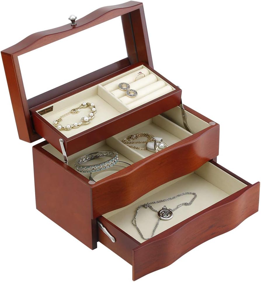 Solid Wooden Jewelry Box with Mirror and Drawer Brown: Home Improvement
