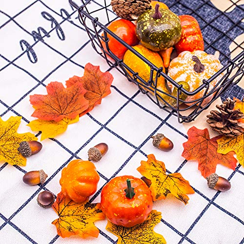 VGOODALL Künstliche Kürbisse Set, 50 Stück Seidenahornblatt Eicheln Tannenzapfen Kürbis für Herbstdekoration Halloween