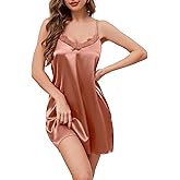 ESKTJH Silk Nightgown for Women Sexy Lingerie Dress Lace V Neck chemise Satin Sleepdress