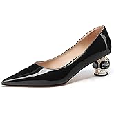 JANSEVEN Women Chunky Heels Pumps Crystal Block Heels with Rhinestones Pointed Toe Sexy Gradient Patent Leather Slip on Bridal Party Wedding Dress Shoes Size 5-13 US
