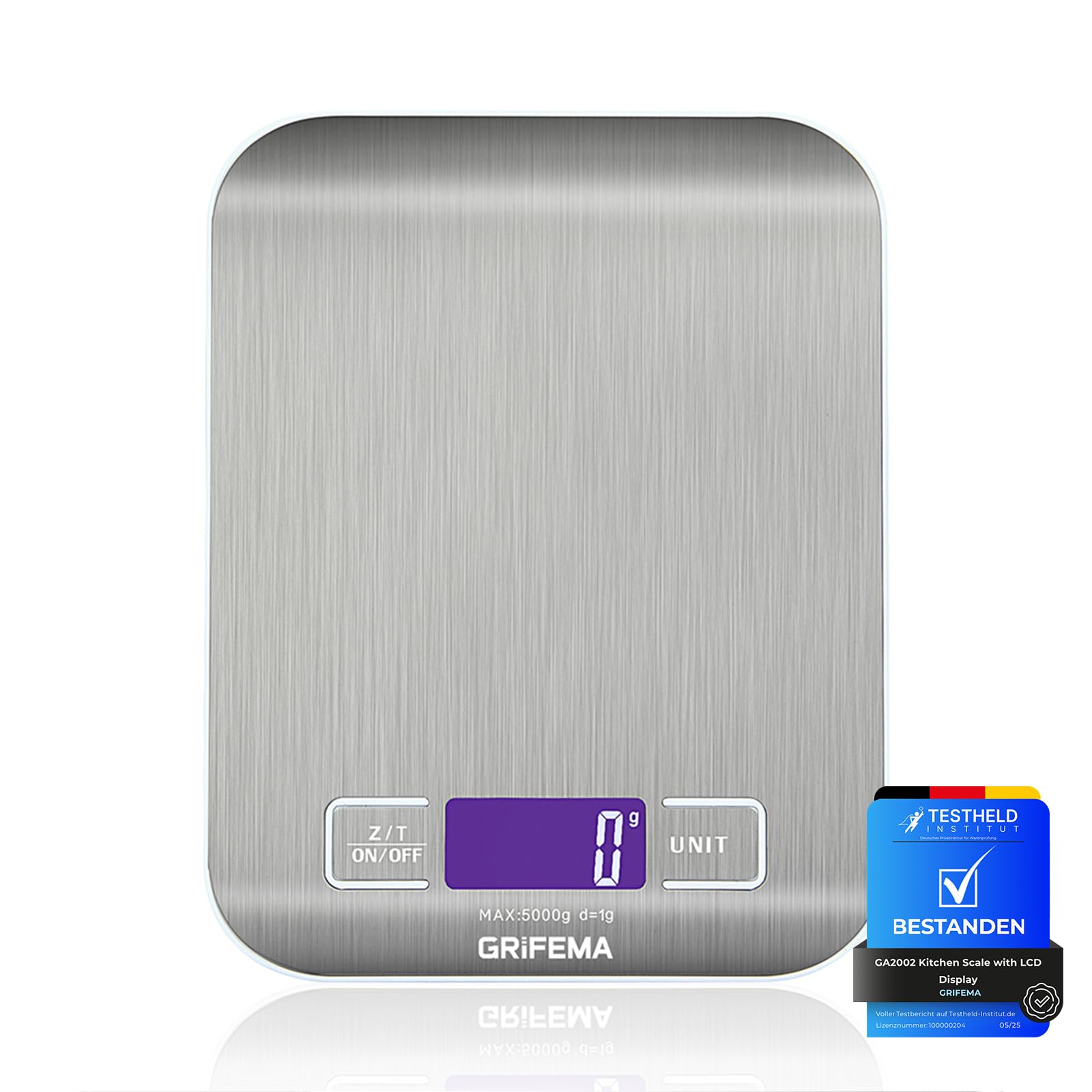 GRIFEMA Digital Kitchen Scales (High Precision 1 g - 5000 g), Precision Scales with LCD Display and 2 Batteries, Automatic Storage and Tare Digital Scales with 6 Units, Letter Scales Stainless Steel
