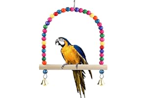 WishLotus Bird Swing Toy with Perch Stand and Bell, Natural Wooden Colorful Bird Toy Bird Toy for Small Sized Birds Budgie Pa