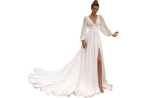 Huaxiafan Beach Long Sleeve Wedding Dresses for Bride V Neck Empire Waist Slit A Line Chiffon Bridal Gown with Train