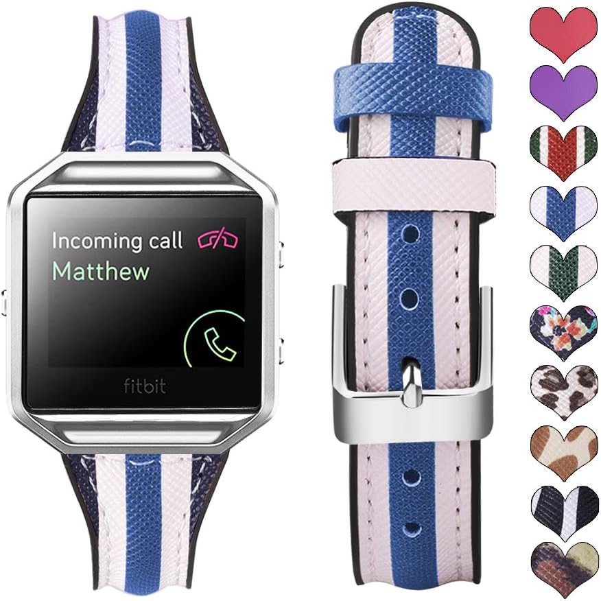 Dsytom Leather Silicone Band Compatible with Fitbit Blaze Bands,Sweatproof Slim Sport Strap Replacement Band with Metal Frame for Women(Blue White Stripe)