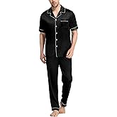 SWOMOG Mens Satin Pajama Set Short Sleeve Classic Sleepwear Button Down Silky Loungewear with Long Pants