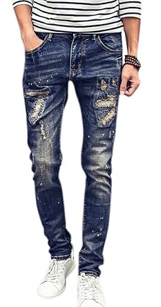 Amazon メンズバイカーワイルドファッションbroken穴rippedデニム