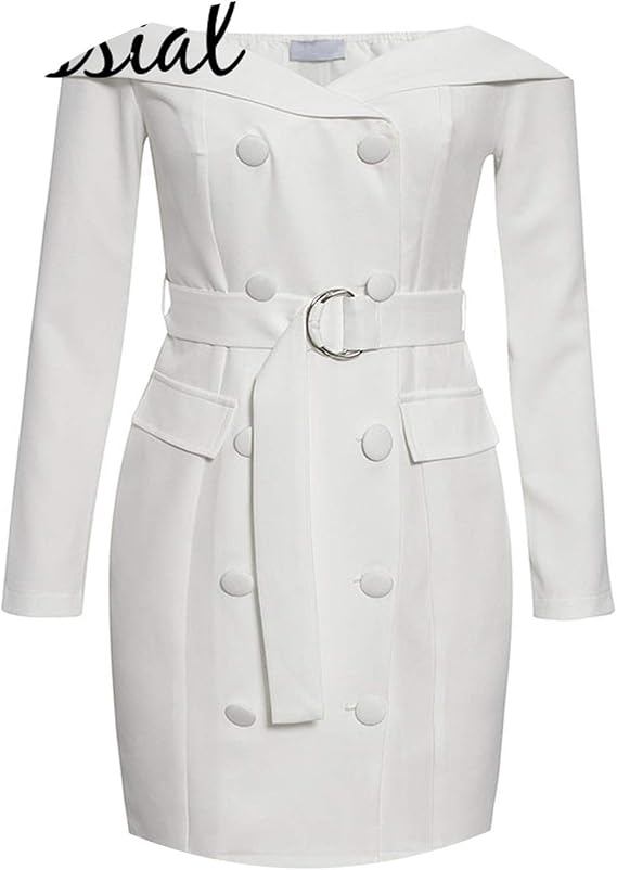 Off Shoulder Belt Sexy White Blazer Dress Women Party Long Sleeve Bodycon Elegant Club Dress 