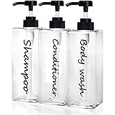 Shampoo Dispenser - Refillable Shampoo and Conditioner Bottles (Clear, Set of 3, 21oz) - Modern Shampoo Bottles for Shower Soap - Empty Shampoo Conditioner Body Wash Dispenser Set - for Bathroom