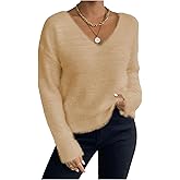 Verdusa Women's Fuzzy Cozy Sweaters V Neck Off The Shoulder Long Sleeve Pullover Fall Sweater