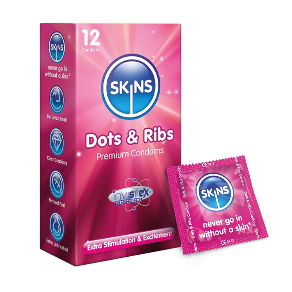 Skins Dots and Ribs Textured Premium Condoms Multipack, No Latex Smell and Extra Lubrication, Pack of 12