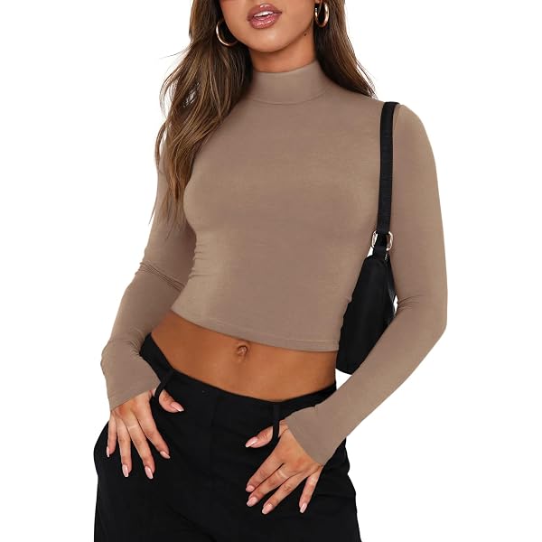 Verdusa Women's Mock Neck Long Sleeve Basic Fitted Crop Tops Solid