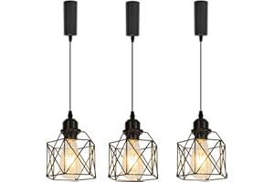 KAYYELAMP Set of Three 3.2 Ft Adjusted Cord H-Type Track E26 Base Hollow Black Metal Shade Simple Retro Design Pendant Light Fixture for Restaurant Entryway Loft Aisle Kitchen Sink(No Bulb No Track)
