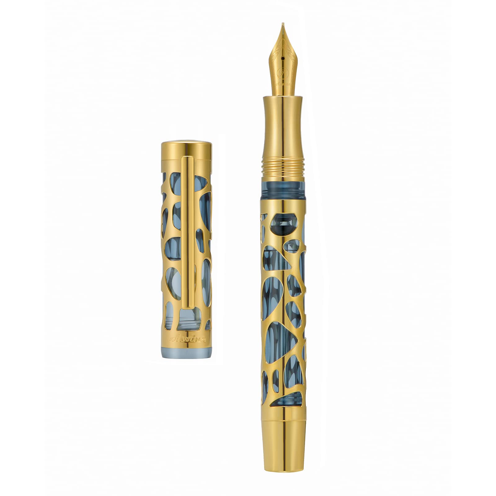 Asvine V169 Vacuum Filling Fountain Pen Medium Nib, Water Drop Skeleton Gold Trim Transparent Gray Blue Acrylic Pen Case Set