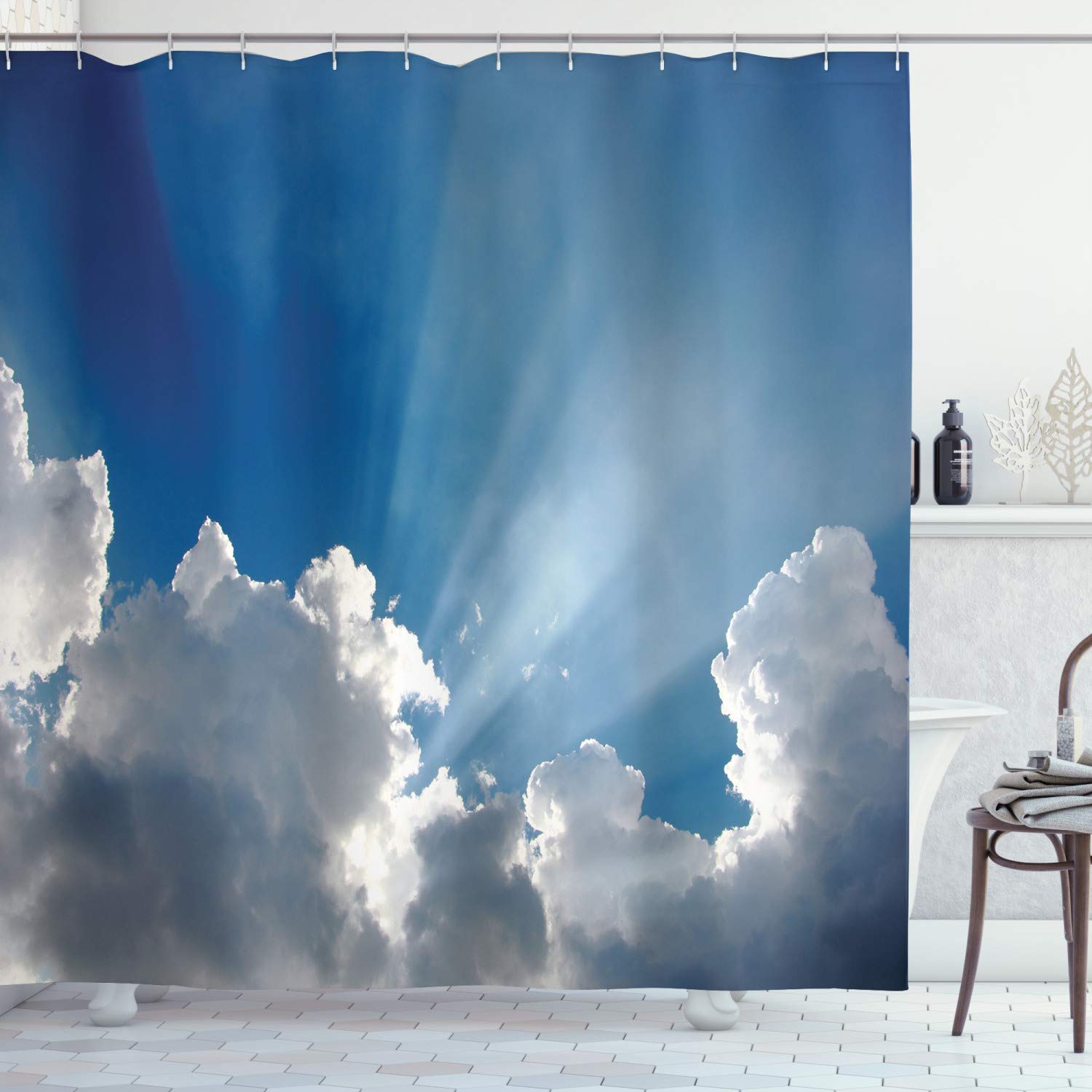 ABAKUHAUS Landscape Shower Curtain, Colorful Sky with Clouds and Sun Rays Dreamy Cloudscape After Rain Picture Art, Cloth Fabric Bathroom Decor Set with Hooks, 78" Inches, Sky Blue White