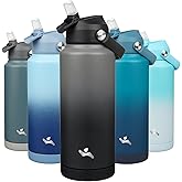 Konokyo Insulated Water Bottle with Straw Lid,32 oz Stainless Steel Vacuum Metal Bottle with Silicone Handle,Gray Black