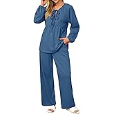 OUGES Womens Cotton Blend Maternity Pajama Sets Tie Front Loungewear Pregnancy Sleepwear Top & Long Pants with Pockets