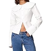 Women's Long Sleeve Button Down Shirt, Elegant Round Collar Cinched Waist Blouse, Casual & Office Wear Tops