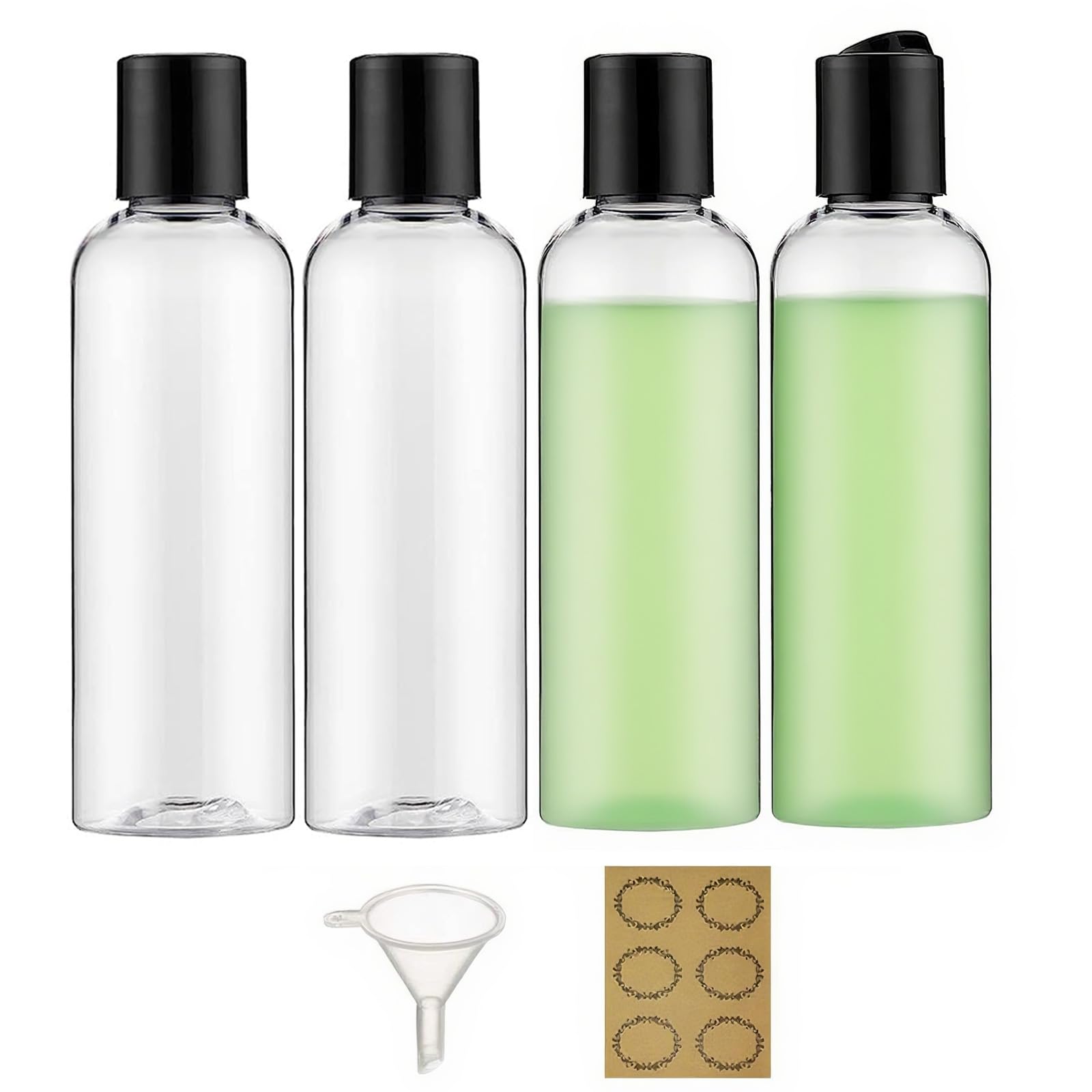 Apstaqeoo 4PCS 150ML Plastic Bottles with Disc Top Flip Cap Empty Squeeze Bottles Clear Refillable Travel Container Dispensing with Funnel & Label for Liquids Lotion Shampoo Toiletries Cosmetic