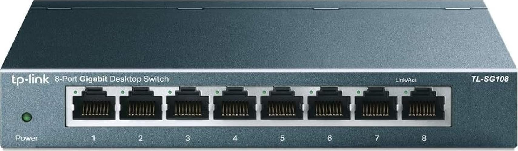 Conmutador de red Ethernet Gigabit de 8 puertos TP-Link - Divisor Ethernet | Conectar y reproducir | Sin ventilador | Metal resistente con puertos blindados | Optimización del tráfico | No administrado | Protección de por vida (TL-SG108)