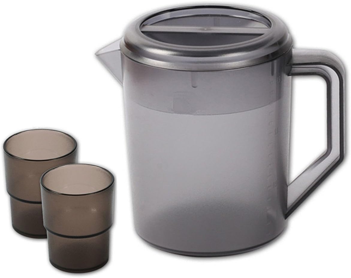 HERF 3-Piece Polycarbonate Plastic Water Pitcher Pot Jug and Cup Set, 1x 1.5L Pitcher + 2x 250ml Cup, Gray