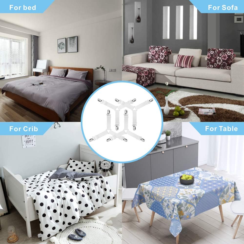 Tomata Adjustable Bed Sheet Fasteners, Triangle Non-Slip Elastic Holder Straps Corner Clips with Heavy Duty Grippers Clips (Set of 4 - White): Home & Kitchen