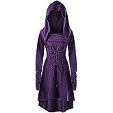 Womens Renaissance Costumes Hooded Robe Lace Up Vintage Pullover High Low Long Hoodie Dress
