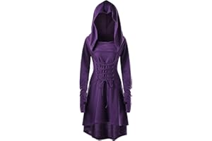 PENGFEI Womens Renaissance Costumes Hooded Robe Lace Up Vintage Pullover High Low Long Hoodie Dress