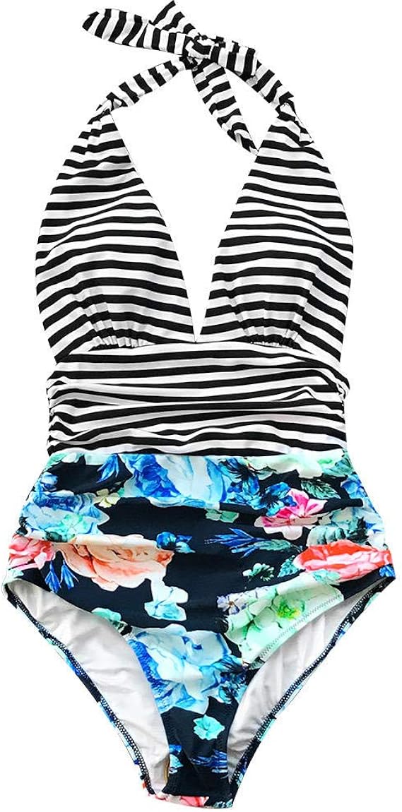 Lascana Swimwear Stripe OnePiece Swimsuit V Neck Backless Halter Sexy